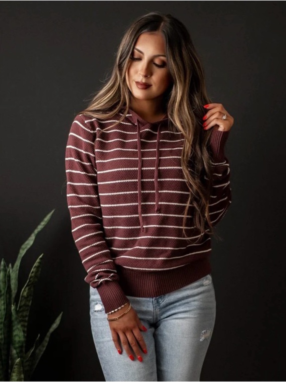 Market & Spruce Striped Maroon Waffle Light weight hoodie- Women's Large
